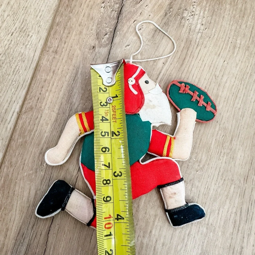 VTG Christmas Ornament Santa Football Player Flat Padded Cardboard 4 1/2